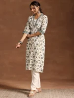 Off White Printed Cotton Straight Kurta - Image 3