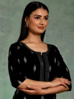 Black Woven Design Rayon Straight Kurta - Image 2